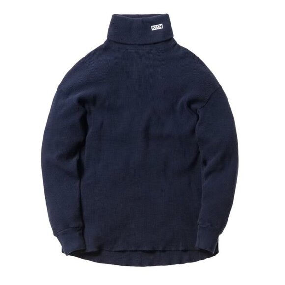 Kith X Calux Mens Large Navy Blue Waffle Knit Turtleneck Sweater Logo Streetwear - Picture 1 of 7